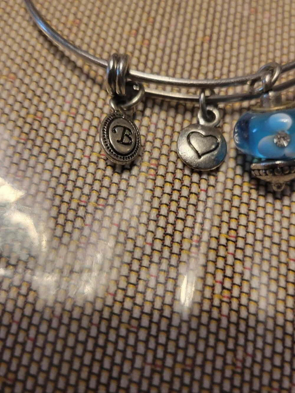 Silver Expandable Bangle Bracelet with Blue Glass Flower Charm